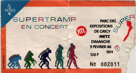 Billet concert SuperTramp à Metz en 1986, déc. 2021